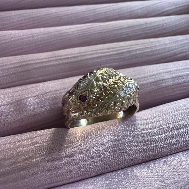 Vintage 9ct Gold CZ & Ruby Snake Ring